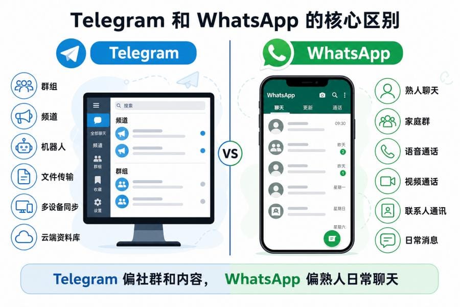 Telegram WhatsApp Signal 使用场景对比示意